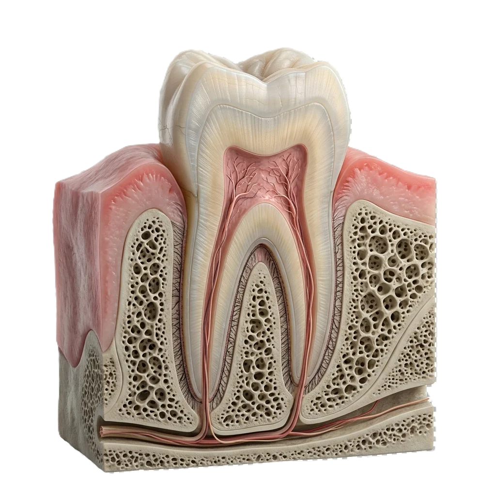 Corte de un diente con la encía, el ligamento y el hueso alveolar que lo sujetan