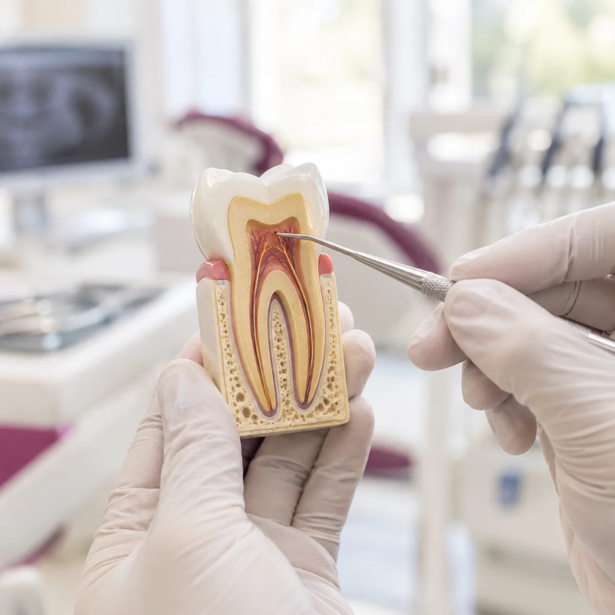 Modelo de dentadura infantil para explicar la pulpectomía
